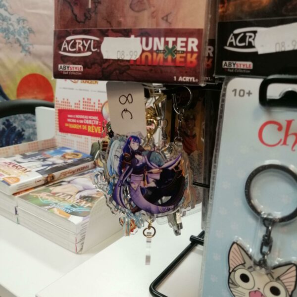 Nos porte-clés exposés sur le comptoir du magasin Hero Manga
